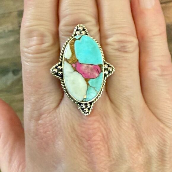 Unique Southwestern Cotton Candy Turquoise Oval Ring Sterling Silver Framed Sz 8 - Picture 7 of 7